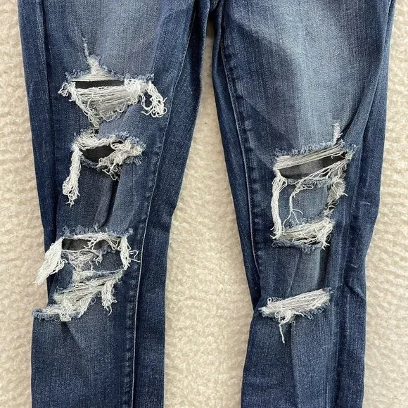 American Eagle Dark Wash Distressed Short Stretch Mid Rise Skinny Jeans 2 4 25 - Picture 5 of 12